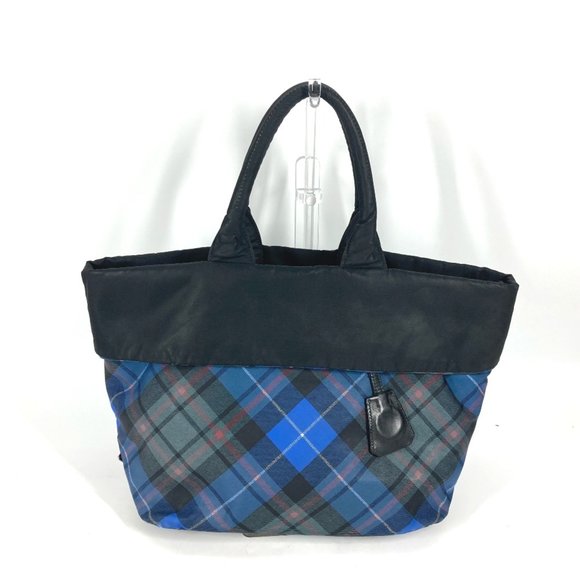 PRADA check Tote Bag Shoulder Bag Black Blue x Green - Picture 1 of 10